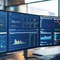 A digital dashboard with graphs, charts, and KPIs displayed on multiple monitors. Royalty Free Stock Photo