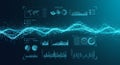 Digital dashboard interface with data visualizations including world map, pie charts, Royalty Free Stock Photo