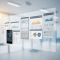 Digital dashboard interface featuring multiple data analysis panels and charts, Royalty Free Stock Photo