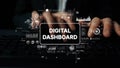 Digital Dashboard Interface with Graphical Elements and Hands Typing on Keyboard in Modern Workspace Setting. Asymptotic Royalty Free Stock Photo