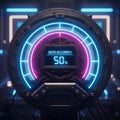 Digital Data Accuracy Meter at 50% with Vibrant Neon Glow on a Futuristic Control Panel in a High-Tech Setting Royalty Free Stock Photo