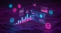Digital Data Analysis and Sentiment Visualization with Holographic UI, Emojis, and Wavy Network Grid in a Futuristic Neon Royalty Free Stock Photo