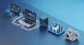 Digital Data Analysis Business Workflow Technology. Isometric Network Automation with Servers, Gears on Blue Background Royalty Free Stock Photo