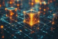 Digital data blocks symbolizing futuristic blockchain technology and network systems. Innovations