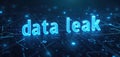 Digital data breach illustration displays data leak text on circuit board background. Glowing blue lines represent compromised Royalty Free Stock Photo