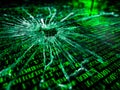 Digital data breach with shattered screen and cascading binary code Royalty Free Stock Photo