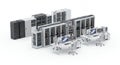 Data Center Infrastructure with Server Racks Network Equipment and Workstations on White Background for Cloud Computing Royalty Free Stock Photo