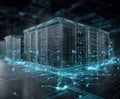 Digital data center with storage units and network connections displayed in glowing lines and nodes during modern Royalty Free Stock Photo