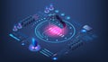 Digital data cloud. Technology center. Files storage. Virtual server. 3d application platform. Isometric network