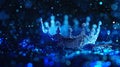 Digital data crown, dark digital realm, sparkling data bits, royal blue glow. Royalty Free Stock Photo