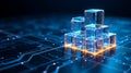 Digital data cubes forming a powerful network structure on a futuristic glowing circuit board. global technology Royalty Free Stock Photo