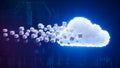 Digital data cubes streaming toward a glowing white cloud against a dark blue background symbolizing abstract cloud computing and Royalty Free Stock Photo