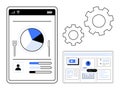 Digital Data Dashboard with Pie Chart and Gear Icons for Analytics and Workflow Optimization Royalty Free Stock Photo