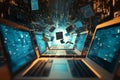 Digital Data Explosion with Laptops and Floating Documents Royalty Free Stock Photo