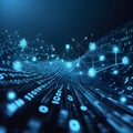Digital Data Flow with Binary Code and Glowing Network Grid on Dark Blue Background Royalty Free Stock Photo