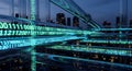 Digital Data Flow Through Futuristic Cityscape Pipes - Big Data Technology Royalty Free Stock Photo