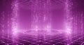 Digital data flow in futuristic tunnel with glowing purple neon lights and binary code background Royalty Free Stock Photo