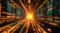 Digital data flowing through futuristic server room tunnel Royalty Free Stock Photo
