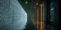 Digital data flows through a corridor filled with servers and glowing binary code at night in a futuristic setting Royalty Free Stock Photo