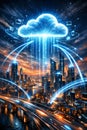 Futuristic cityscape with glowing cloud computing and data streams at night Royalty Free Stock Photo