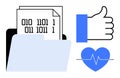 Digital Data Management Folder with Binary Code, Thumbs-Up, and Heartbeat Symbols Royalty Free Stock Photo