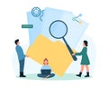 Digital data management, tiny people magnify stack of documents with magnifying glass Royalty Free Stock Photo