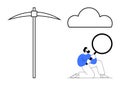 Digital Data Mining Concept with Magnifying Glass, Cloud, and Pickaxe Royalty Free Stock Photo