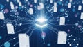 Digital data network with interconnected documents and glowing central node in a futuristic abstract setting Royalty Free Stock Photo