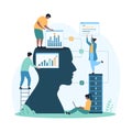 Digital data processing with AI, tiny people work with virtual information in charts