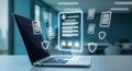 Digital Data Protection Laptop with Glowing Security Shields for Confidential Documents in Office Royalty Free Stock Photo