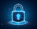 Digital data protection padlock, cybersecurity network connection concept in blue Royalty Free Stock Photo