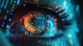 Digital data reflected in hacker eye in dark room, network information for cyber security theme. Concept of ai, computer Royalty Free Stock Photo