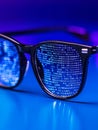 Digital Data Reflection in Eyeglasses Binary code reflected in eyeglasses symbolizes technology innovation vision data
