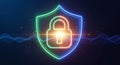 Digital Data Security: Futuristic Neon Padlock and Shield Symbolizing Advanced Cybersecurity Protection. Royalty Free Stock Photo