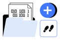 Digital Data Storage and File Management with Binary Code, Add Icon, and Footprint Symbol Royalty Free Stock Photo