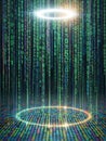 Digital Data Stream of Binary Code Falling with Glowing Rings of Light technology programming Royalty Free Stock Photo