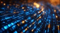 Digital data stream. Blue and orange light dots. Binary code flowing. Futuristic technology background. Computer processing
