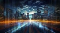 Digital data stream on city highway with skyscraper backdrop illustrating tech and big data concepts Royalty Free Stock Photo