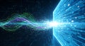 Digital Data Stream Entering Glowing Blue Matrix Screen with Abstract Waves Royalty Free Stock Photo