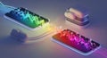 Digital data stream flow between smartphones and server with glowing wave visualization Royalty Free Stock Photo