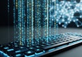 Digital data stream flowing from a glowing computer keyboard with abstract network in background Royalty Free Stock Photo