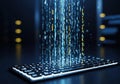 Digital data stream flowing upwards from a glowing computer keyboard in a dark room Royalty Free Stock Photo