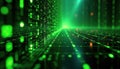 Digital data stream flows through abstract green glowing circuit board pathways. Binary code matrix appears in data center server Royalty Free Stock Photo