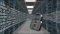 Digital data stream flows through closed padlock - series of binary code on blurred data server room background Royalty Free Stock Photo