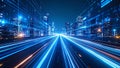Digital data stream through a futuristic cityscape at night with glowing lines. Royalty Free Stock Photo