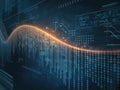 Digital data stream with glowing orange wave and circuit board patterns technology binary code Royalty Free Stock Photo