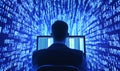 Digital data stream, man in suit, computer screen, binary code, technology concept Royalty Free Stock Photo