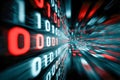 Digital data stream represented by glowing red and white binary code in a futuristic cyber environment with motion blur effect and Royalty Free Stock Photo