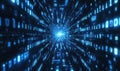 Digital data stream visualizing technology, binary code, and futuristic design with glowing blue elements converging Royalty Free Stock Photo