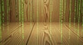 Digital data streams cascade on textured wooden background Royalty Free Stock Photo